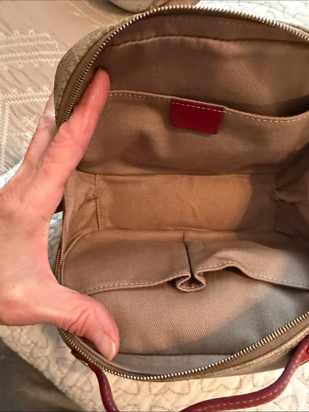 Celine Beige Monogram Cosmetic Case with Red Trim
